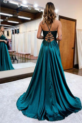 Elegant Spaghetti Straps A-Line Prom Dresses Evening Gowns With Slit